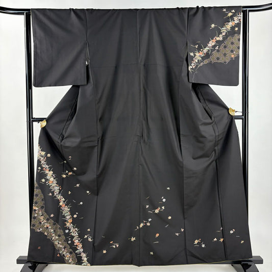付下 身長161cm 袖長63cm S 雙層 草花紋紋 雪輪 金糸刺繡 焦茶 純蠶絲 名品級
