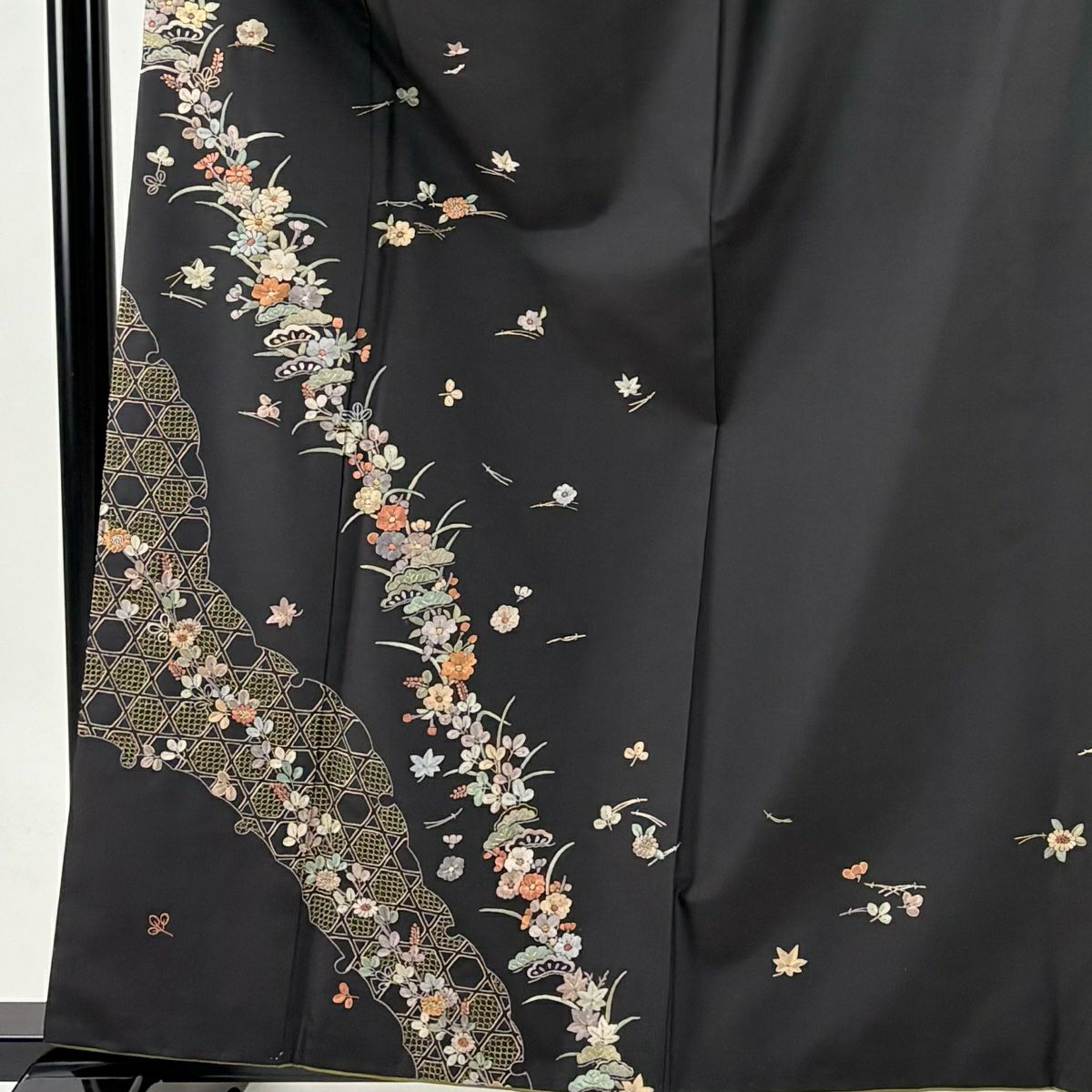 付下 身長161cm 袖長63cm S 雙層 草花紋紋 雪輪 金糸刺繡 焦茶 純蠶絲 名品級