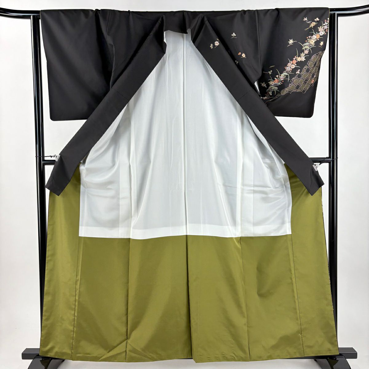 付下 身長161cm 袖長63cm S 雙層 草花紋紋 雪輪 金糸刺繡 焦茶 純蠶絲 名品級