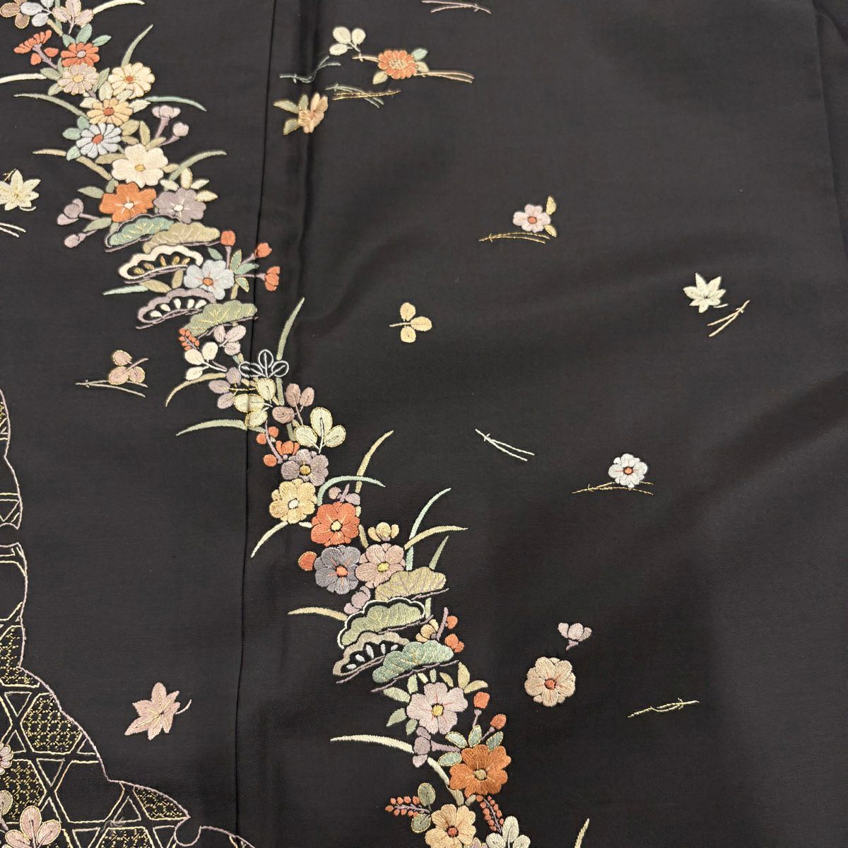 付下 身長161cm 袖長63cm S 雙層 草花紋紋 雪輪 金糸刺繡 焦茶 純蠶絲 名品級
