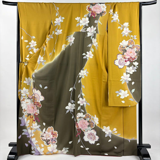 振袖禮服 身長170cm 袖長67.5cm L 雙層 草花紋紋 組紐 金彩裝飾 染分 山吹 純蠶絲 名品級