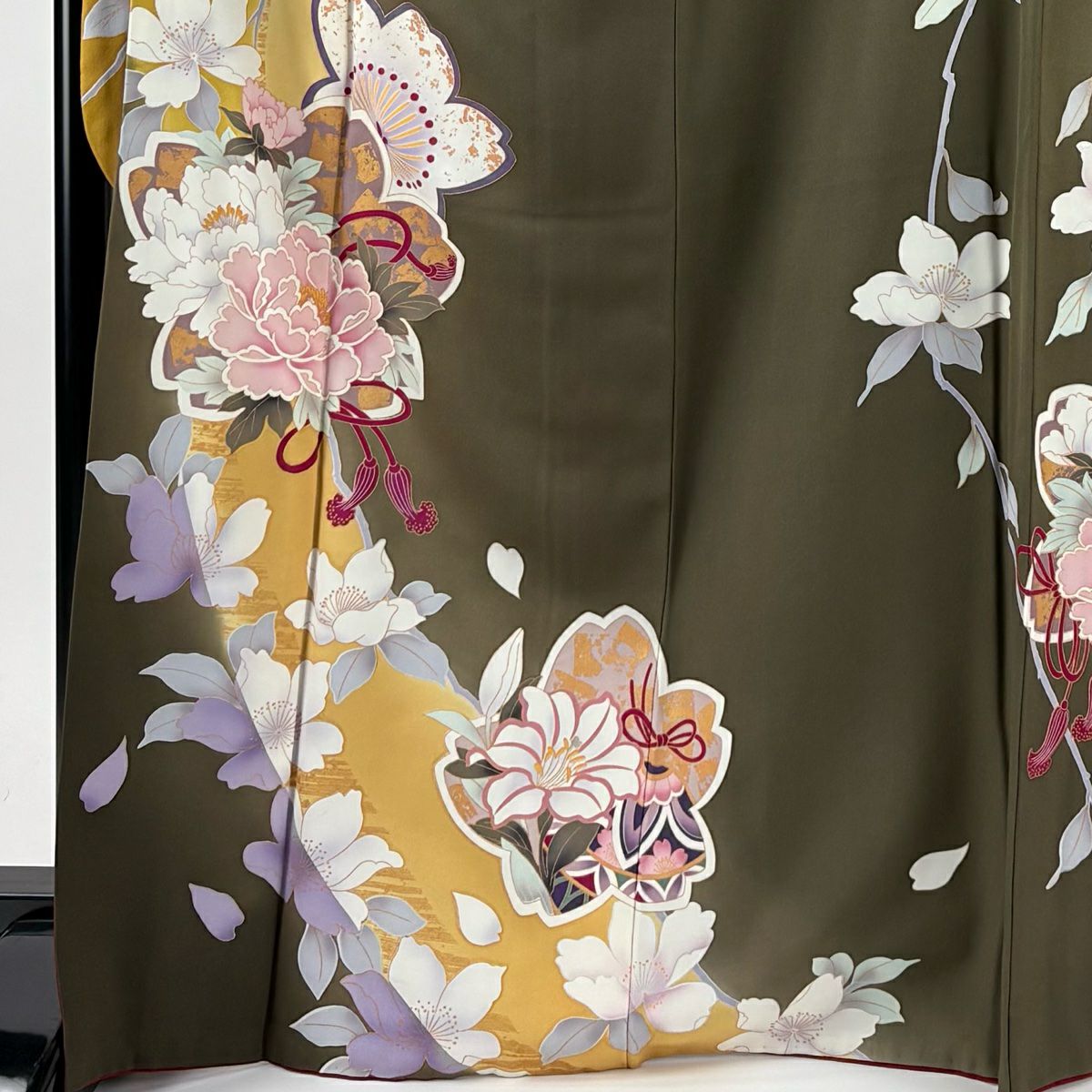振袖禮服 身長170cm 袖長67.5cm L 雙層 草花紋紋 組紐 金彩裝飾 染分 山吹 純蠶絲 名品級