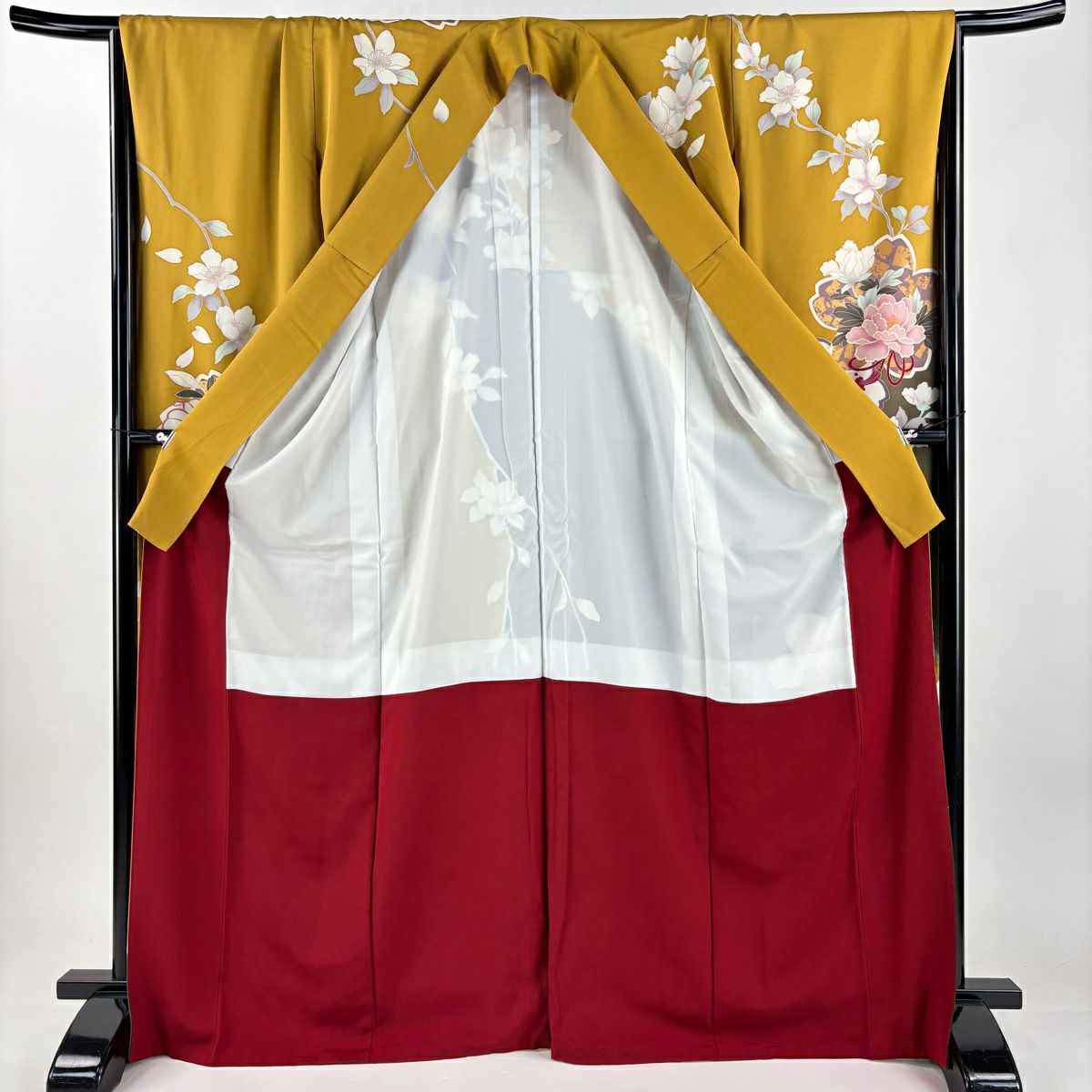 振袖禮服 身長170cm 袖長67.5cm L 雙層 草花紋紋 組紐 金彩裝飾 染分 山吹 純蠶絲 名品級