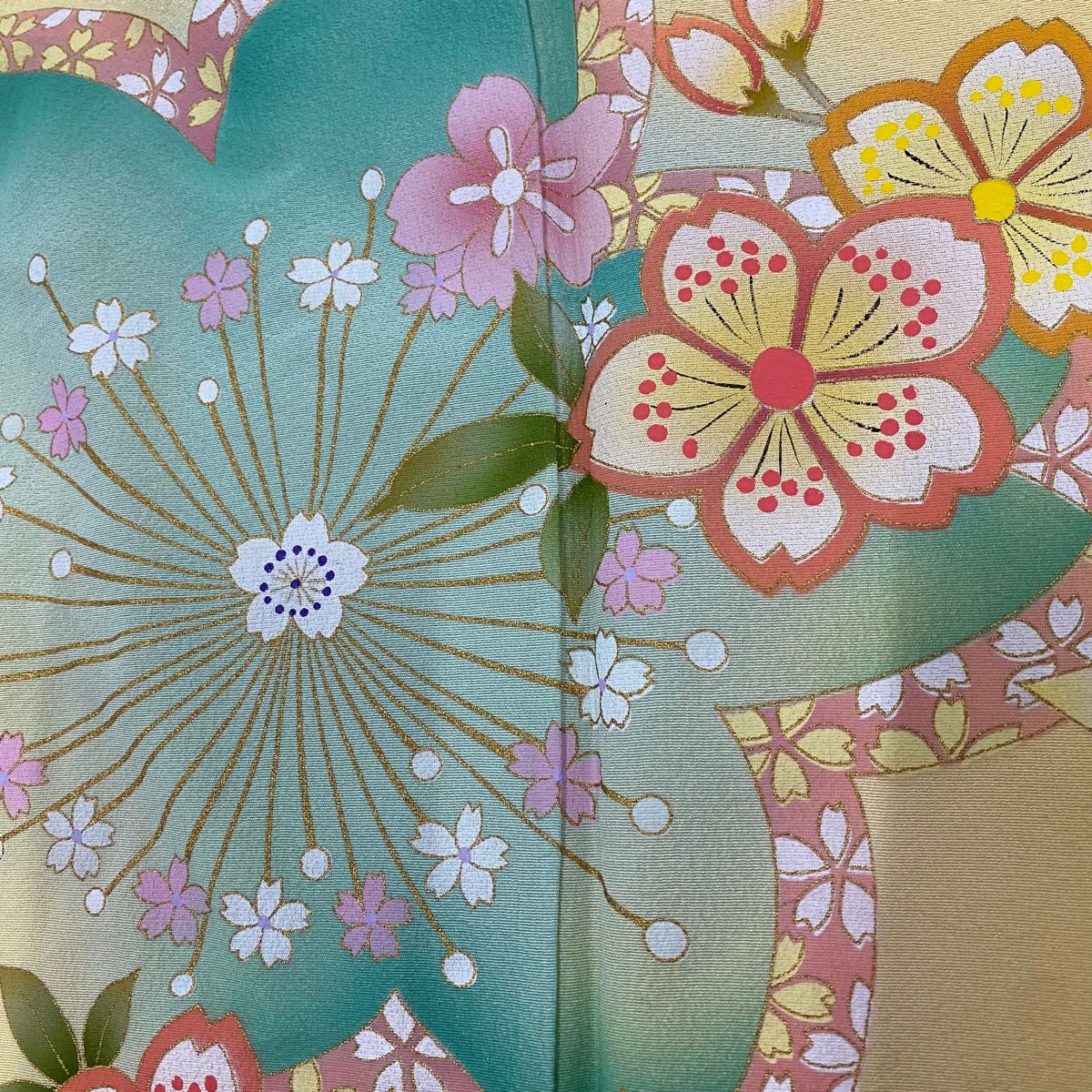 【美品】振袖禮服 身長155cm 袖長64cm M 雙層 櫻花 金彩裝飾 黃色 純蠶絲 名品級