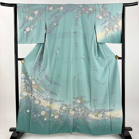 訪問服 身長161.5cm 袖長65.5cm M 雙層 辻花染 波 金銀彩 漸層 淺青綠 純蠶絲 名品級