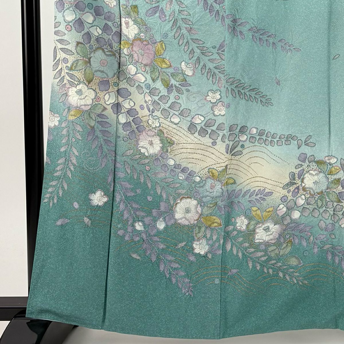 訪問服 身長161.5cm 袖長65.5cm M 雙層 辻花染 波 金銀彩 漸層 淺青綠 純蠶絲 名品級