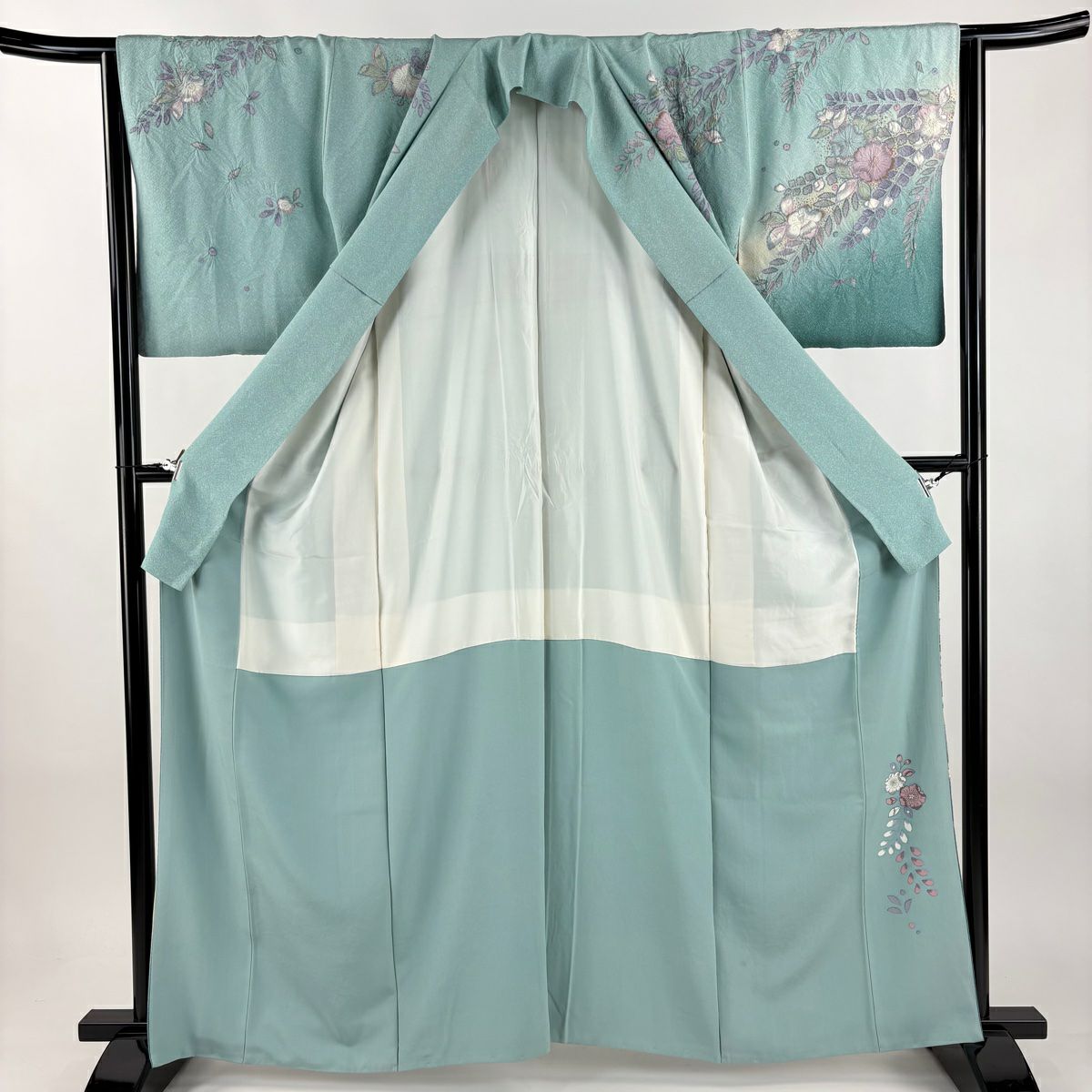 訪問服 身長161.5cm 袖長65.5cm M 雙層 辻花染 波 金銀彩 漸層 淺青綠 純蠶絲 名品級