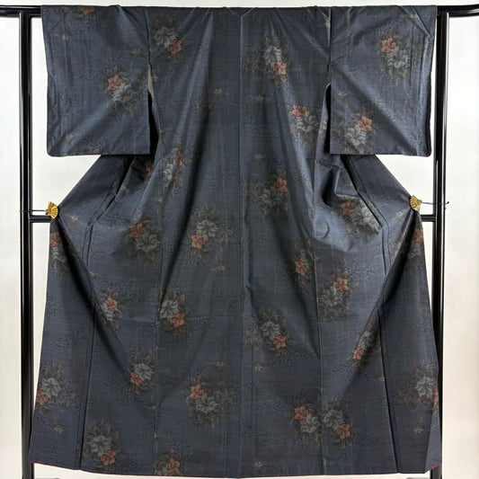 紬織 身長155.5cm 袖長62.5cm S 雙層 草花紋紋 深藍 純蠶絲 秀品級