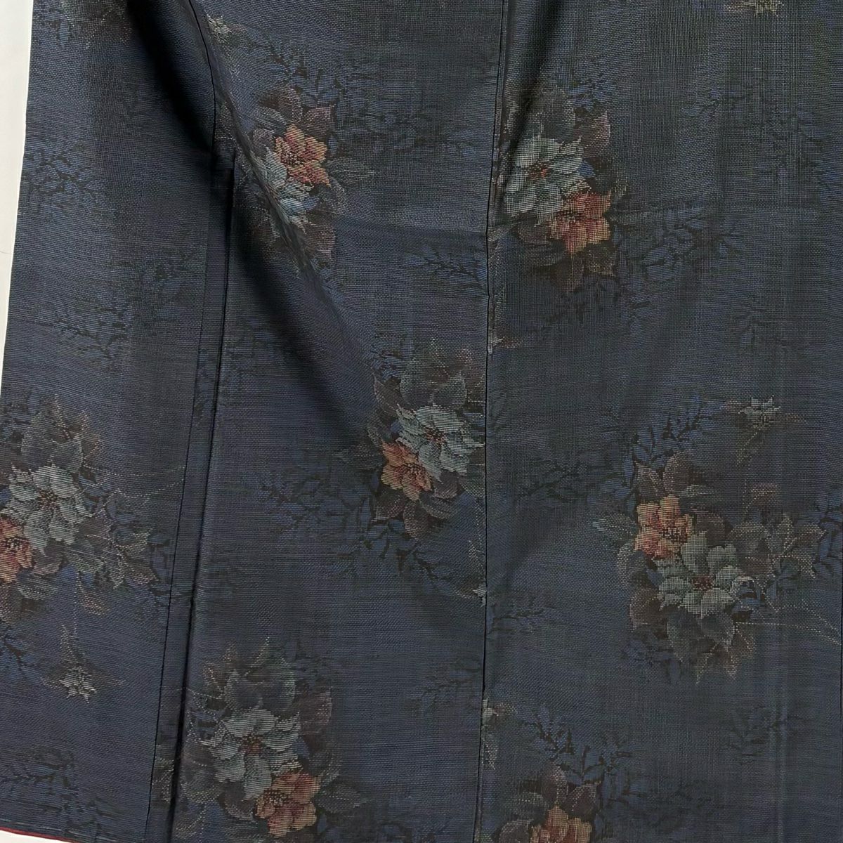 紬織 身長155.5cm 袖長62.5cm S 雙層 草花紋紋 深藍 純蠶絲 秀品級