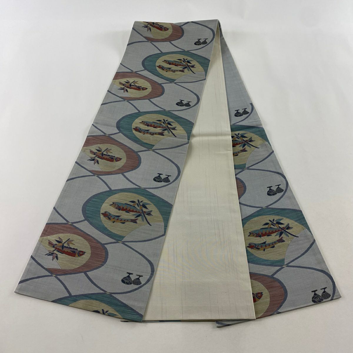 【美品】 袋帶 名品級 紬織織 魚 生物 青灰 六通 純蠶絲