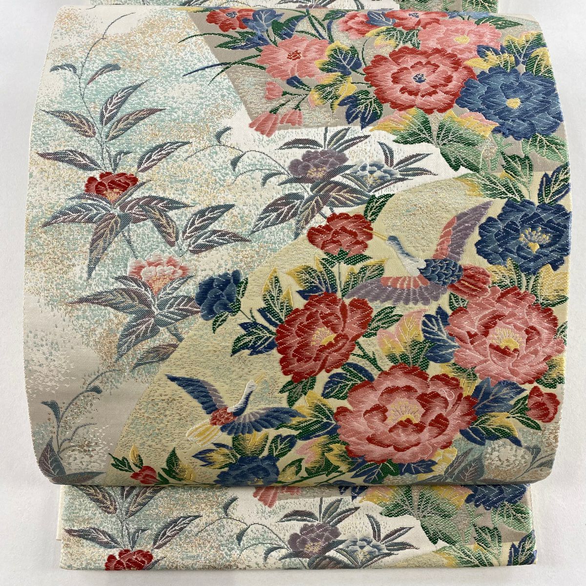 袋帶 名品級 扇子面洋花紋 鳥 刺繡 金金箔 米色 六通 純蠶絲