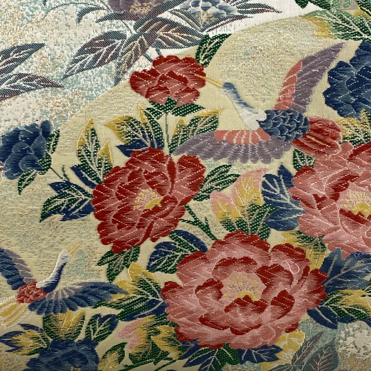 袋帶 名品級 扇子面洋花紋 鳥 刺繡 金金箔 米色 六通 純蠶絲