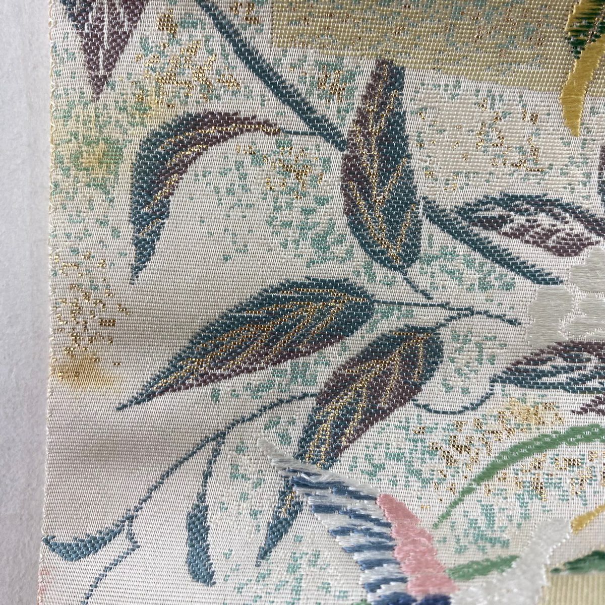 袋帶 名品級 扇子面洋花紋 鳥 刺繡 金金箔 米色 六通 純蠶絲