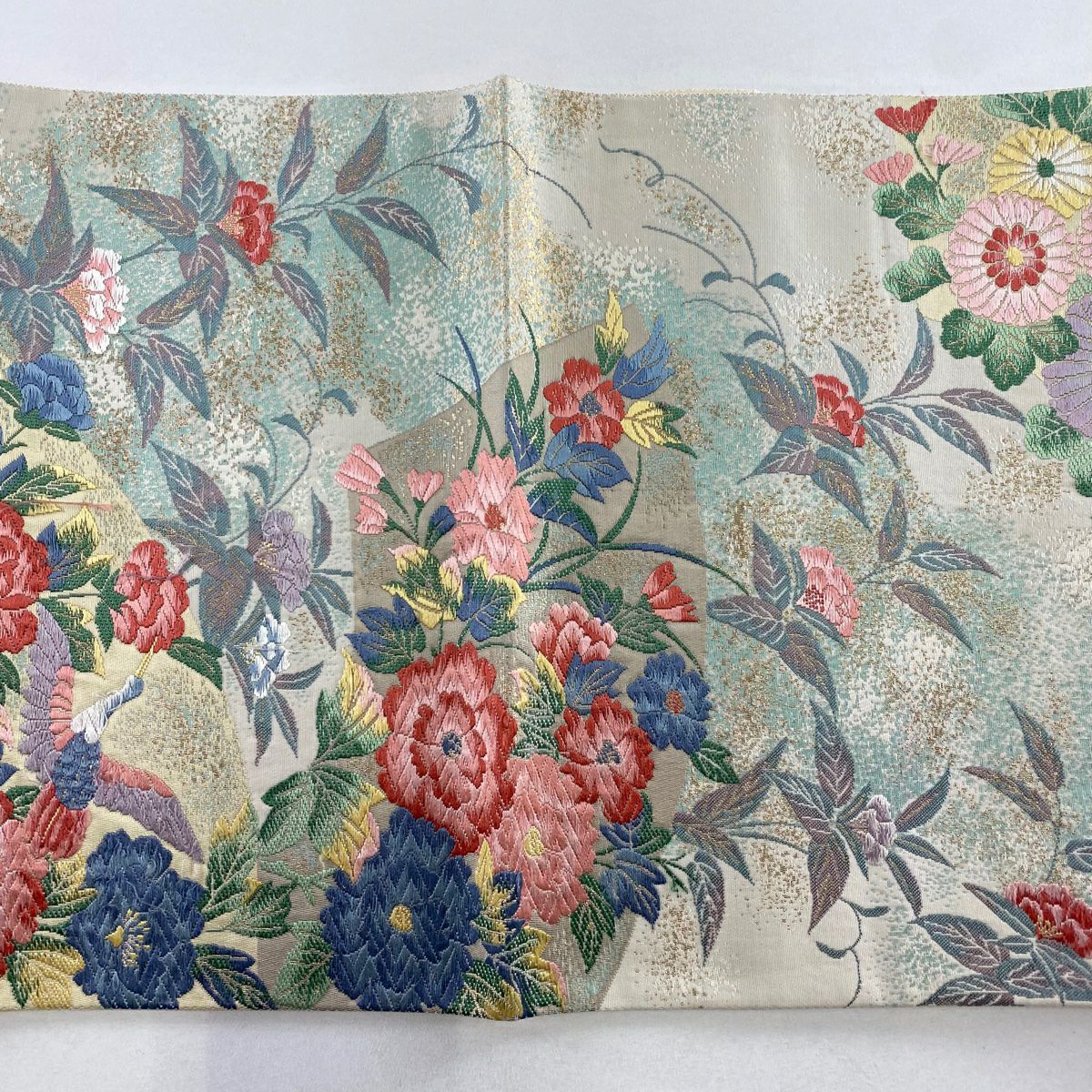 袋帶 名品級 扇子面洋花紋 鳥 刺繡 金金箔 米色 六通 純蠶絲