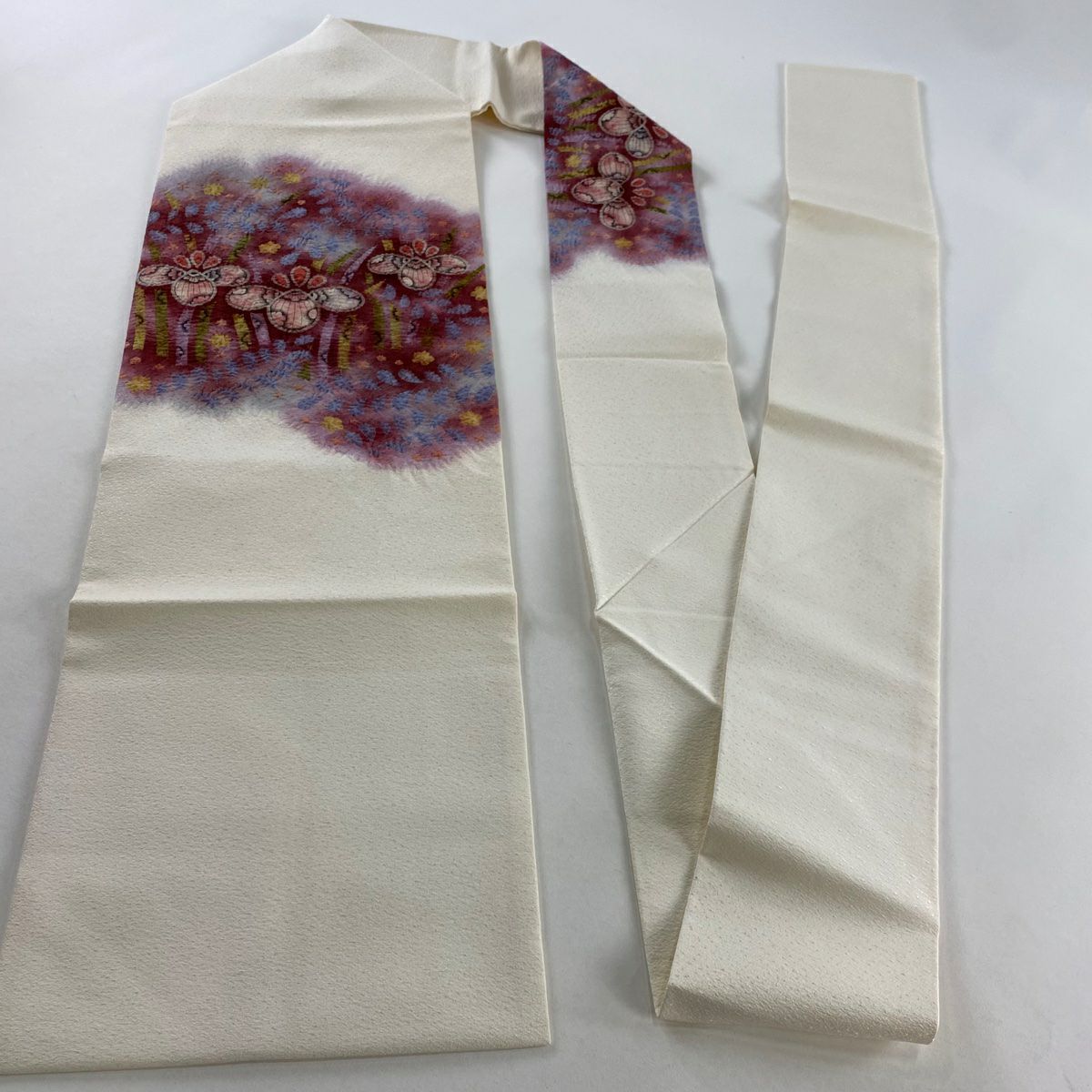 【美品】 名古屋帶 名品級 草花紋紋 絞染 漸層 紅紫 純蠶絲