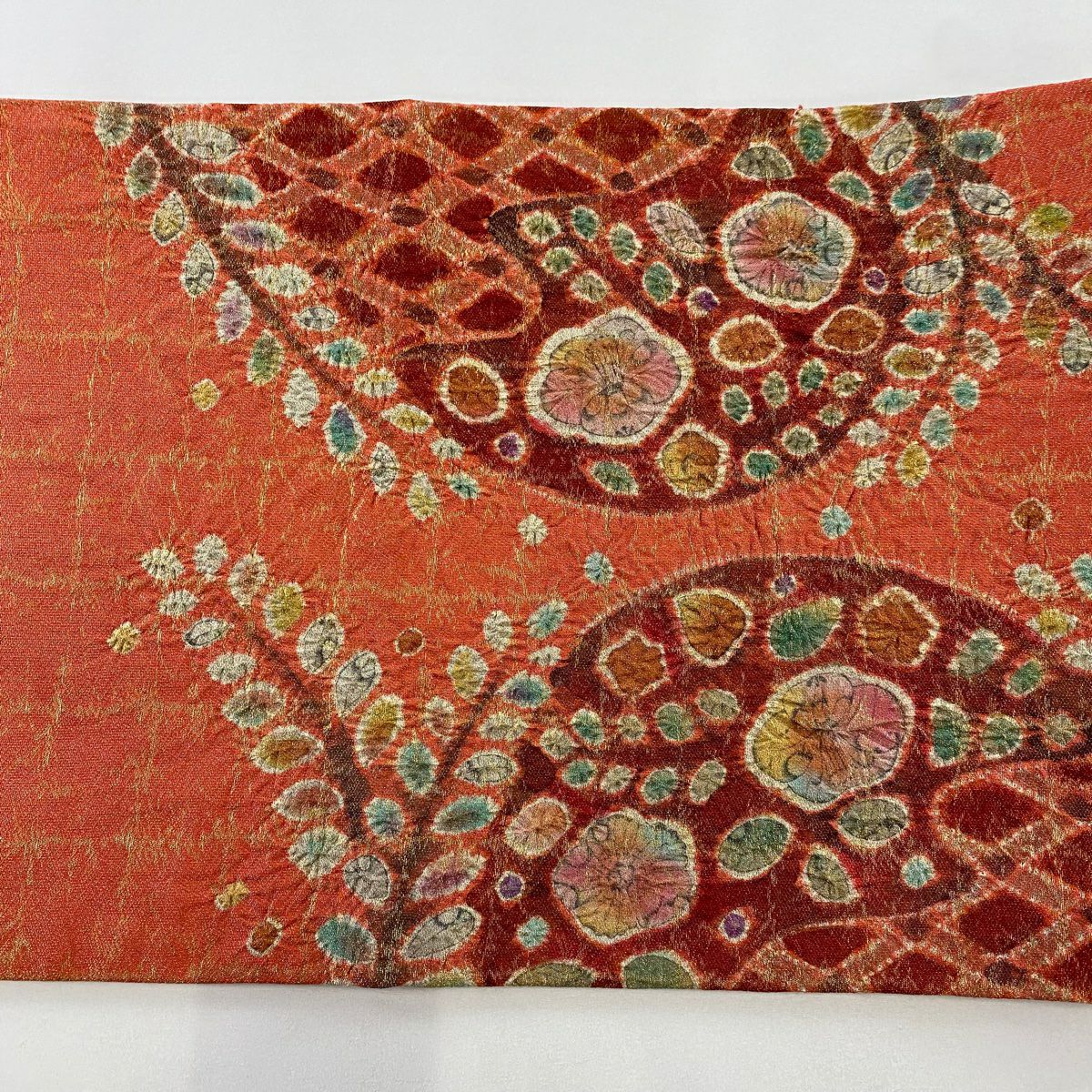【美品】 袋帶 名品級 辻花染 銀糸 金金箔 朱 深紅色 お太鼓柄 純蠶絲