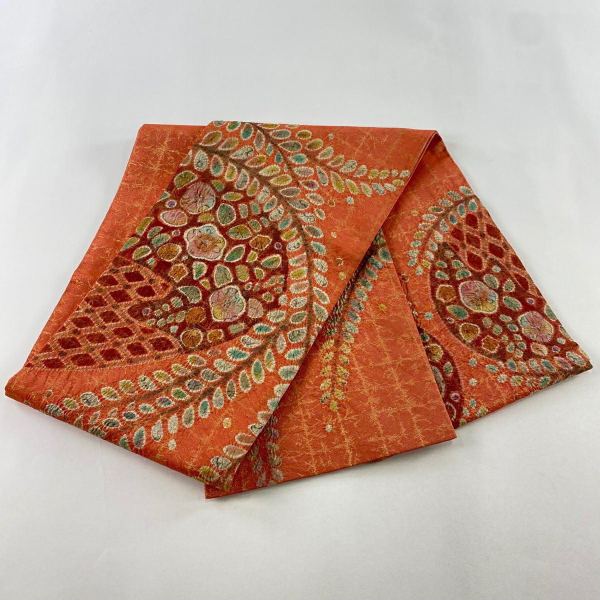 【美品】 袋帶 名品級 辻花染 銀糸 金金箔 朱 深紅色 お太鼓柄 純蠶絲