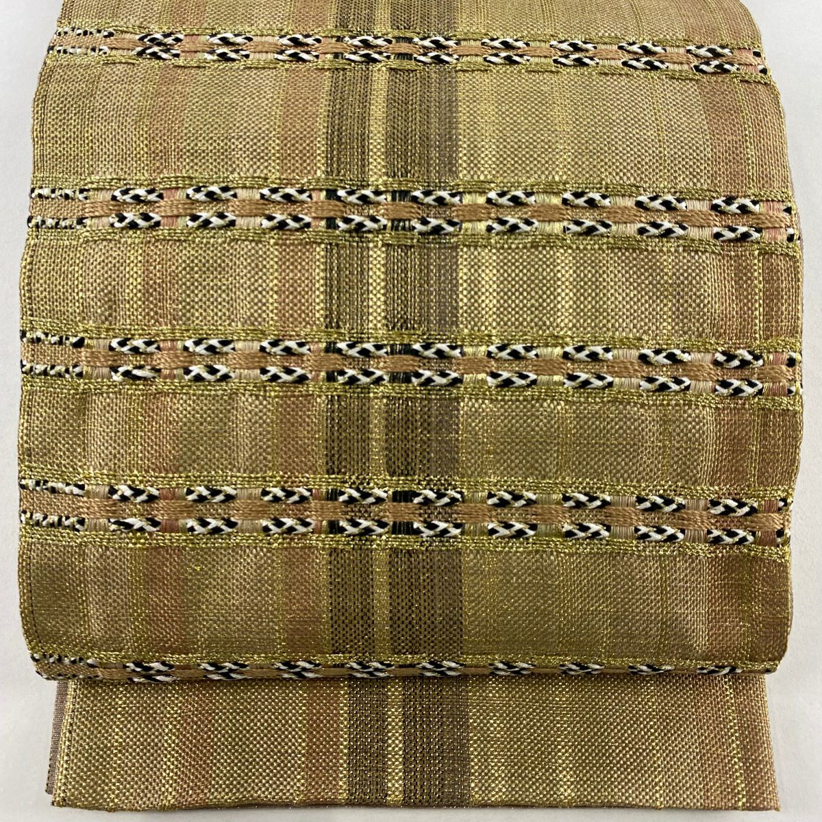 袋帶 名品級 條紋 金絲 淺茶 素色 正蠶絲