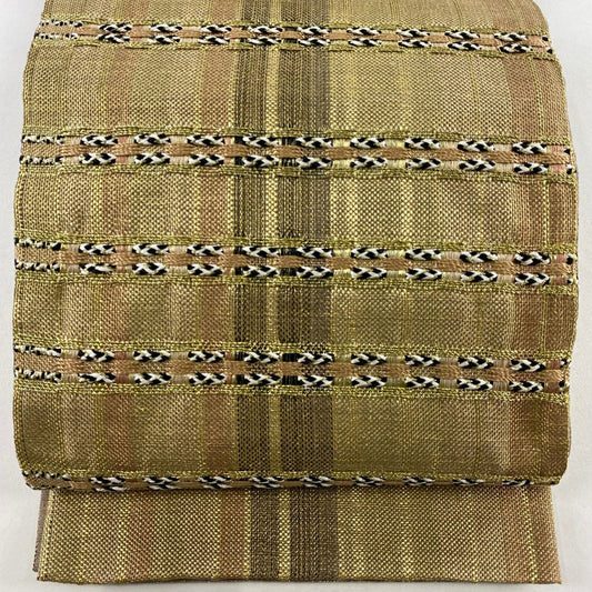 袋帶 名品級 條紋 金絲 淺茶 素色 正蠶絲