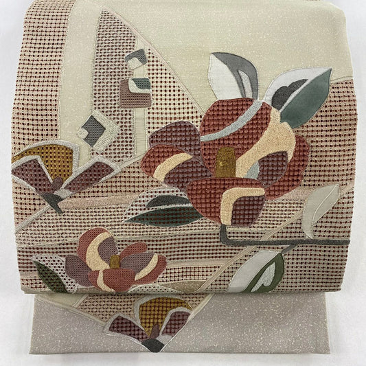 袋帶 名品級 紬織織 椿 幾何圖案 刺繡 灰茶 お太鼓圖案 純蠶絲