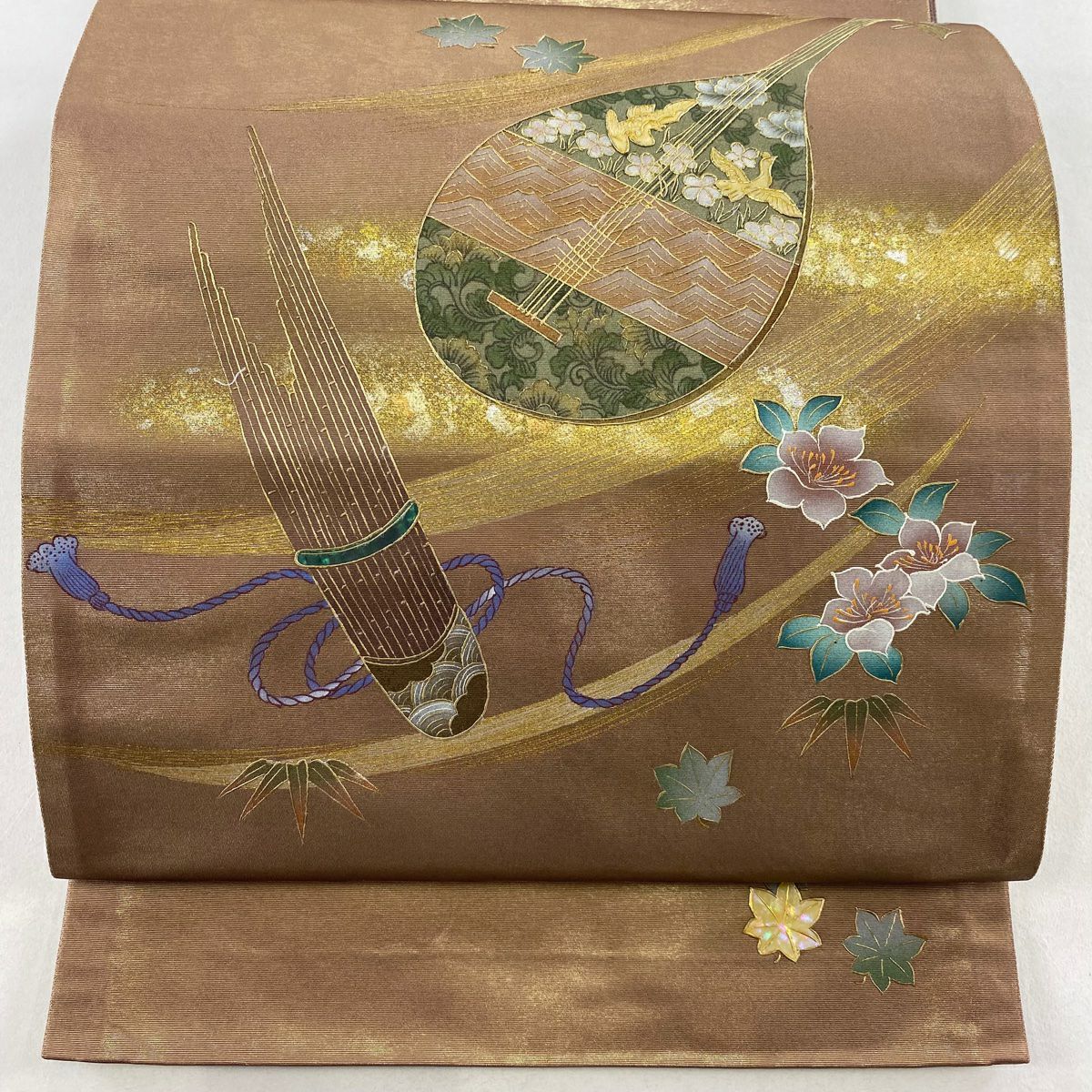 袋帶 名品級 琵琶與笙 花鳥 螺鈿 金銀彩 金 純蠶絲