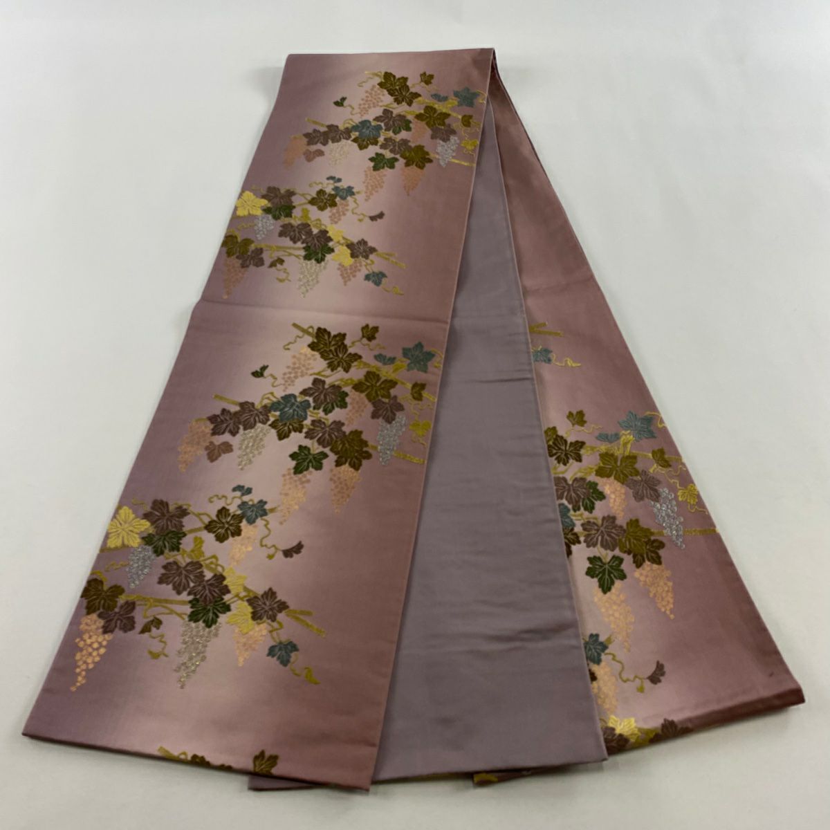 【美品】 袋帶 名品級 鈴乃屋 葡萄 金金箔 金絲 淺紫 六通 純蠶絲