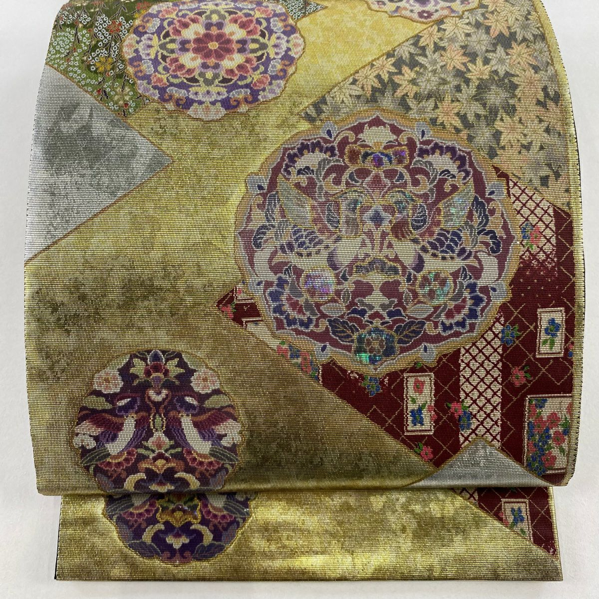 【美品】 袋帶 名品級 向鳥 華紋 螺鈿金金箔 金銀彩 金 純蠶絲