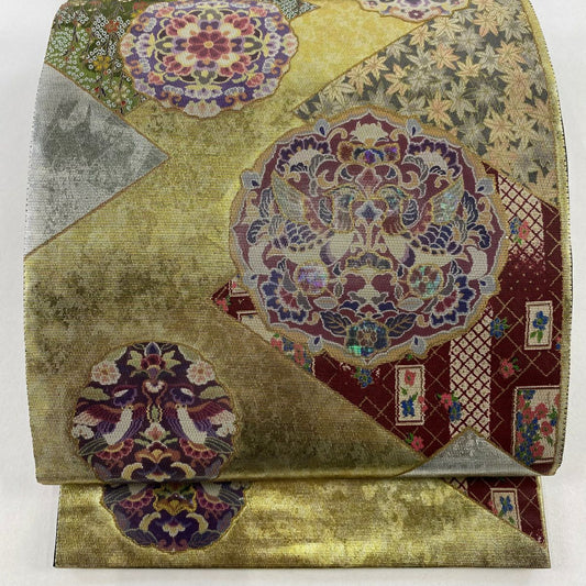 【美品】 袋帶 名品級 向鳥 華紋 螺鈿金金箔 金銀彩 金 純蠶絲