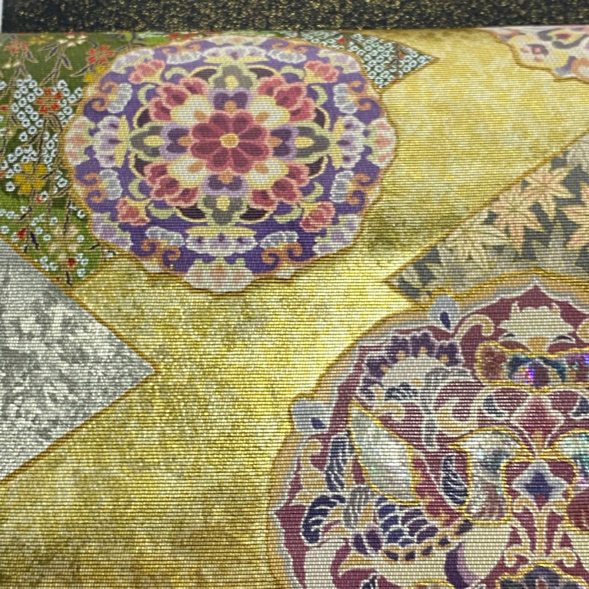 【美品】 袋帶 名品級 向鳥 華紋 螺鈿金金箔 金銀彩 金 純蠶絲