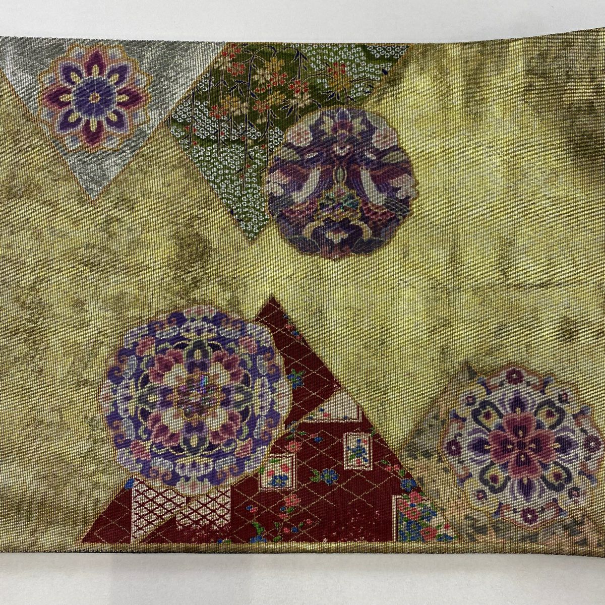 【美品】 袋帶 名品級 向鳥 華紋 螺鈿金金箔 金銀彩 金 純蠶絲