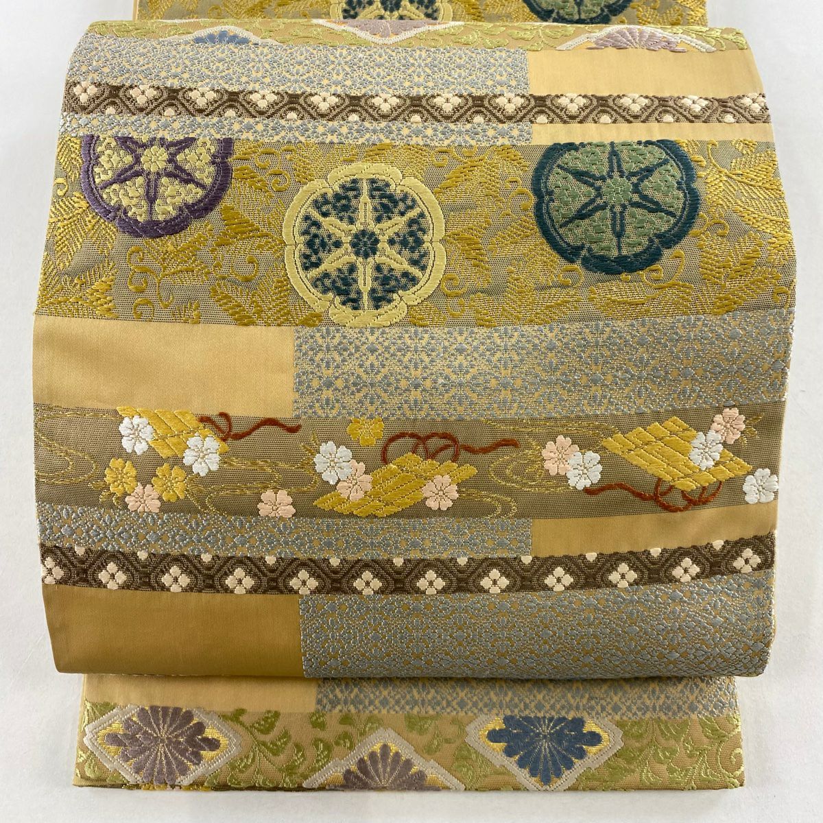 【美品】 袋帶 名品級 花筏 華紋 刺繡 金絲 淡茶 六通 純蠶絲