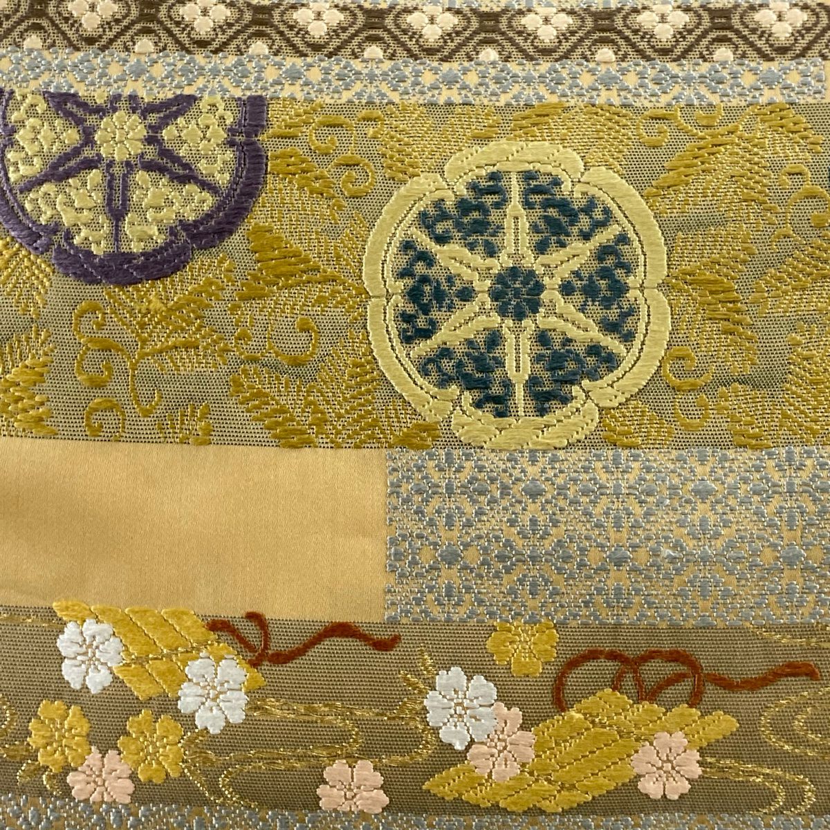 【美品】 袋帶 名品級 花筏 華紋 刺繡 金絲 淡茶 六通 純蠶絲