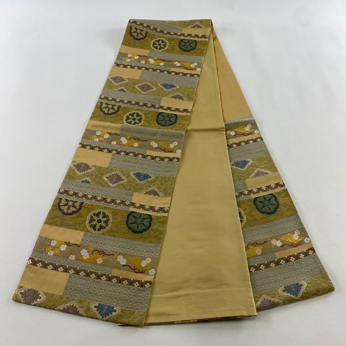 【美品】 袋帶 名品級 花筏 華紋 刺繡 金絲 淡茶 六通 純蠶絲