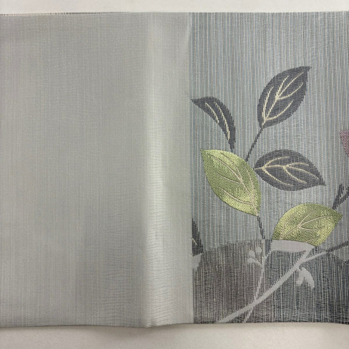 【美品】 袋帶 名品級 落款あり 証紙あり 葉と実 縞 深藍灰 六通 純蠶絲