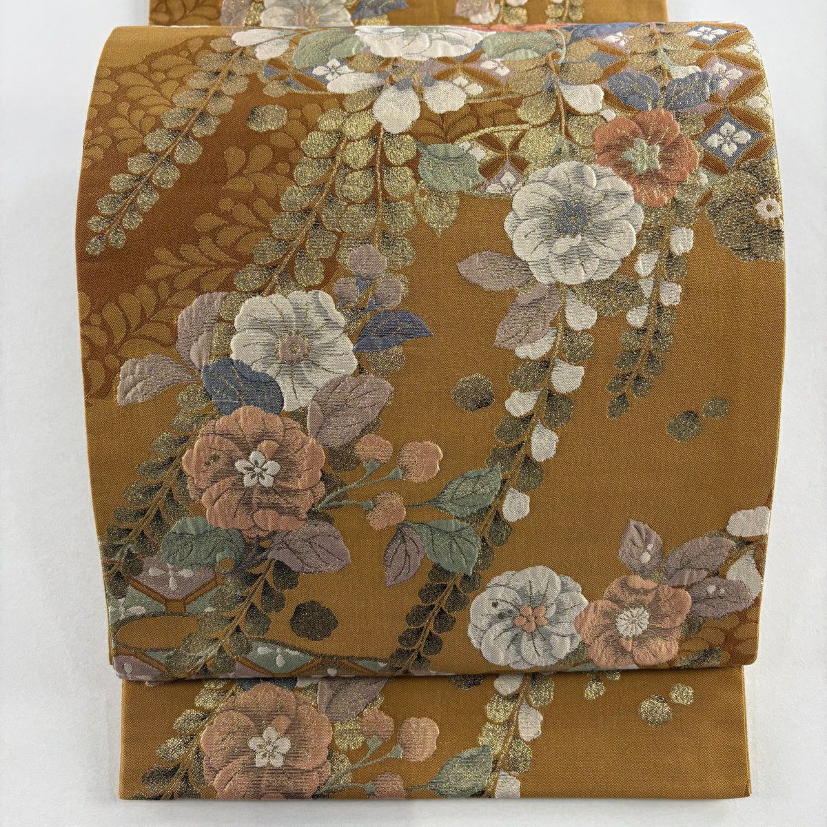 【美品】 袋帶 名品級 辻花染 道長取 金金箔 黃土 深藍 六通 純蠶絲