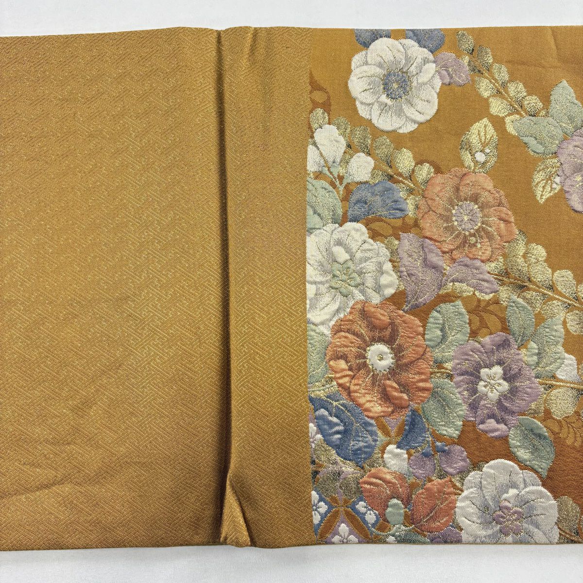 【美品】 袋帶 名品級 辻花染 道長取 金金箔 黃土 深藍 六通 純蠶絲