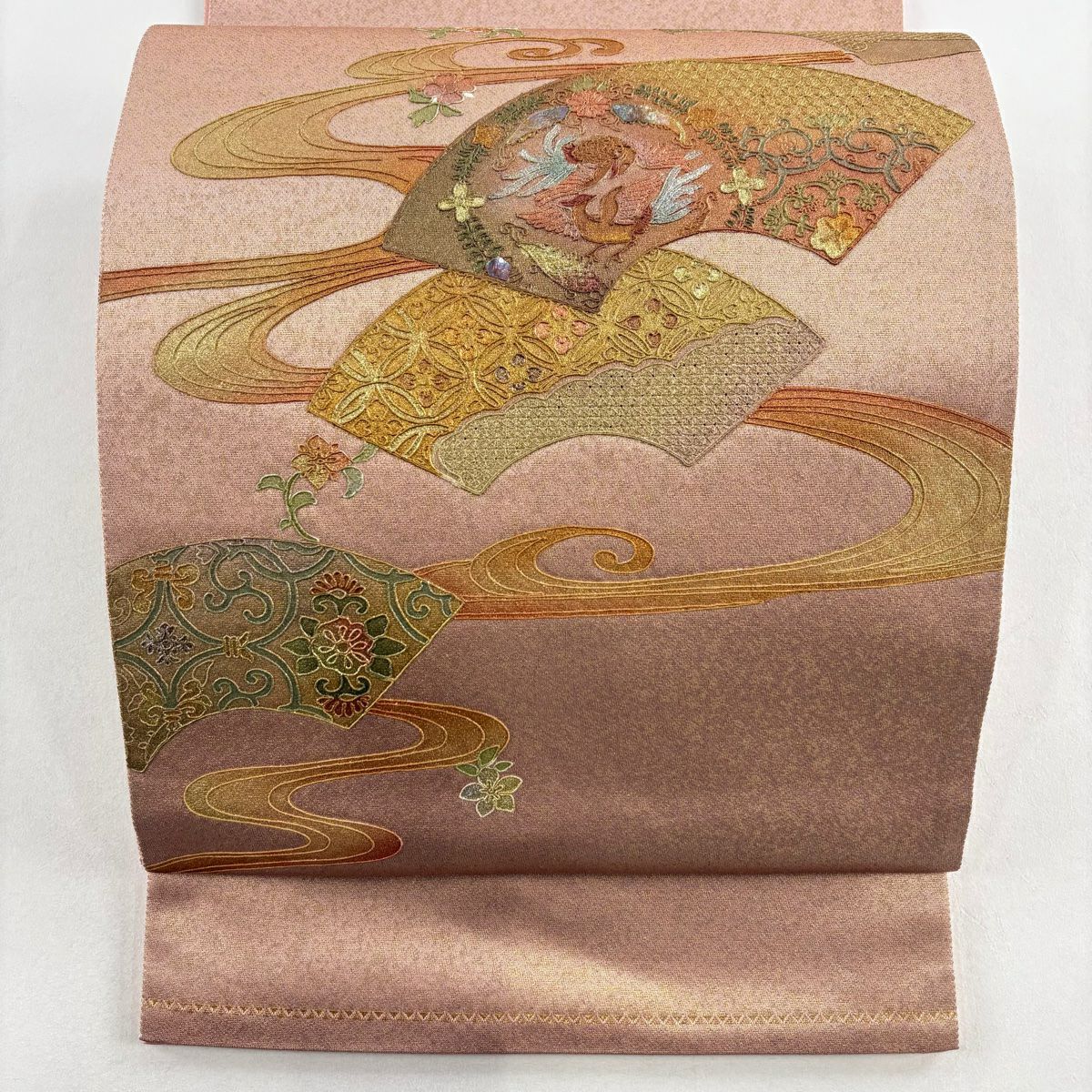 【美品】 袋帶 名品級 關西仕立 扇子面 花鳥 螺鈿 金銀彩 鮭粉紅 お太鼓柄 純蠶絲