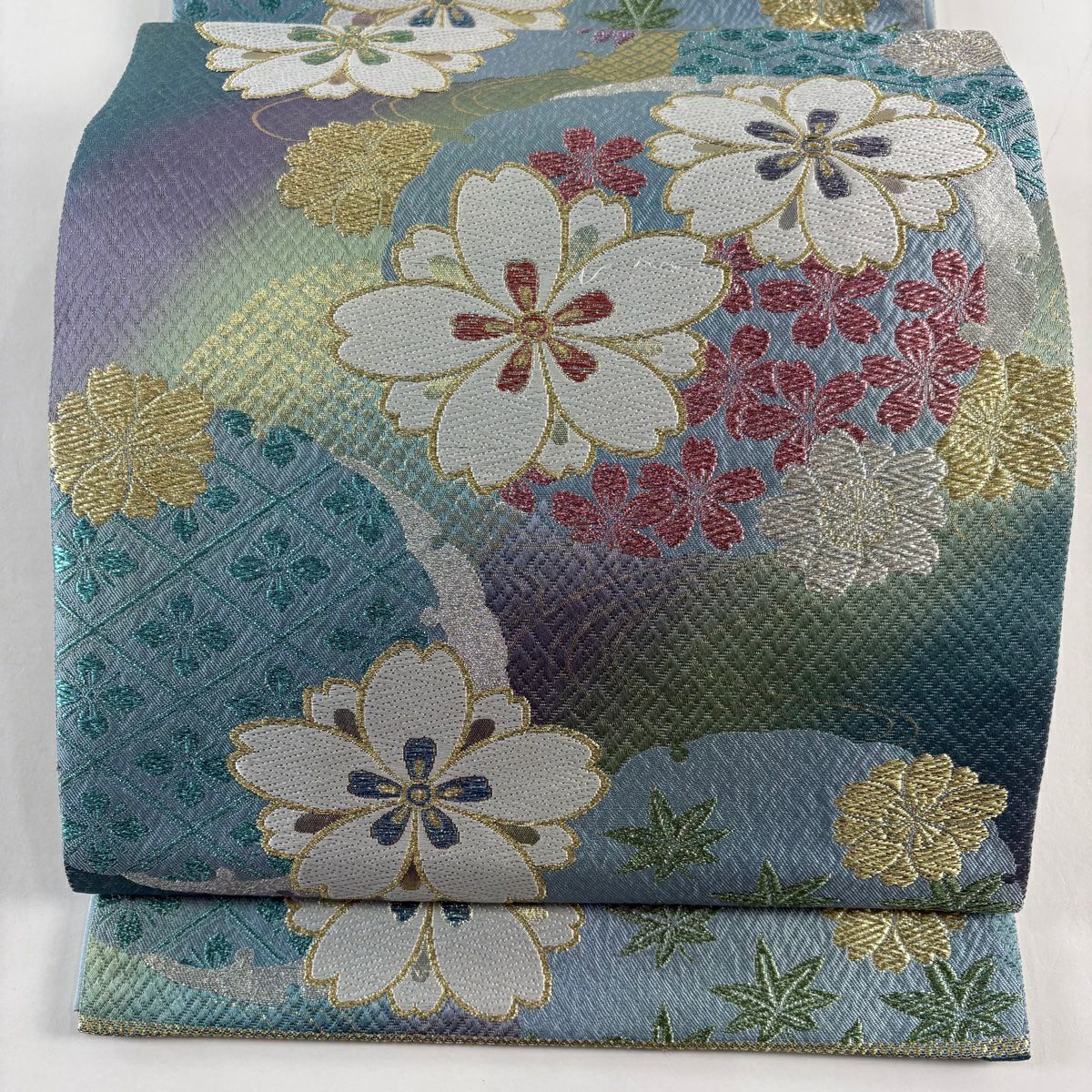 【美品】 袋帶 名品級 華繧繝 振袖禮服禮服用 櫻花 雪輪 金銀彩 唐織 水色 六通 純蠶絲