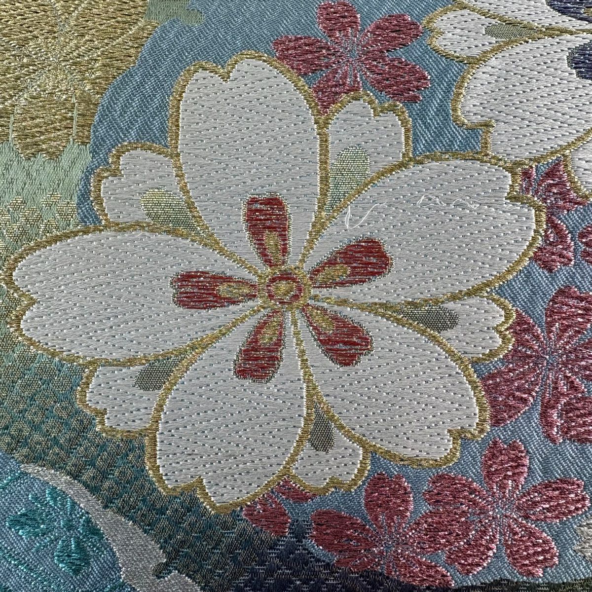 【美品】 袋帶 名品級 華繧繝 振袖禮服禮服用 櫻花 雪輪 金銀彩 唐織 水色 六通 純蠶絲