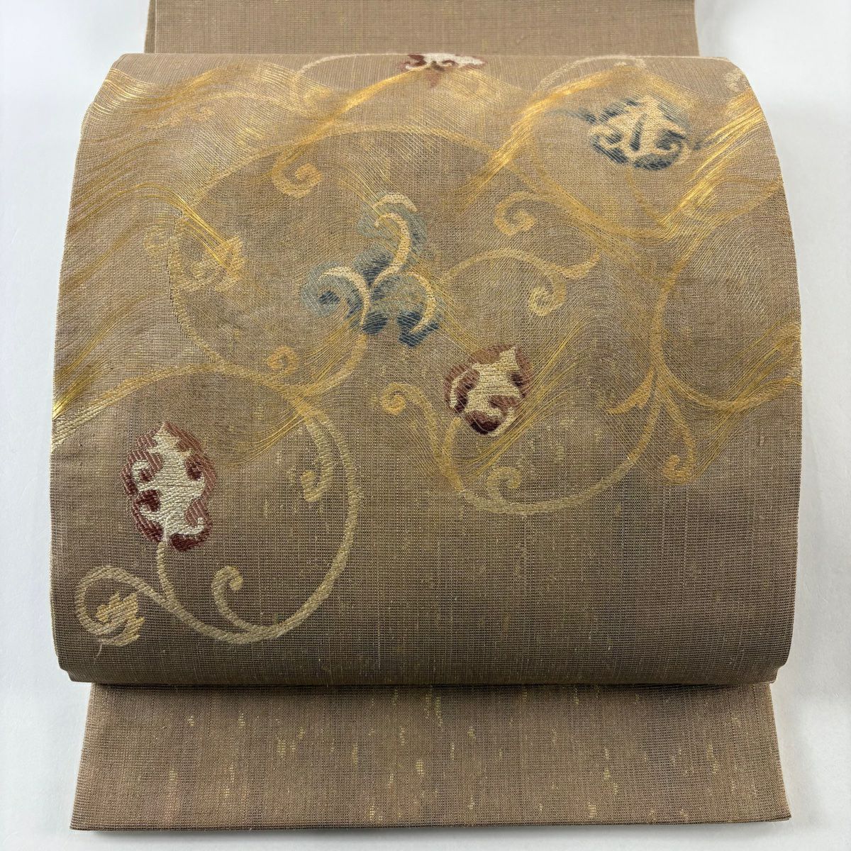 【美品】 袋帶 名品級 花唐草紋 金絲 金金箔 淺茶 純蠶絲