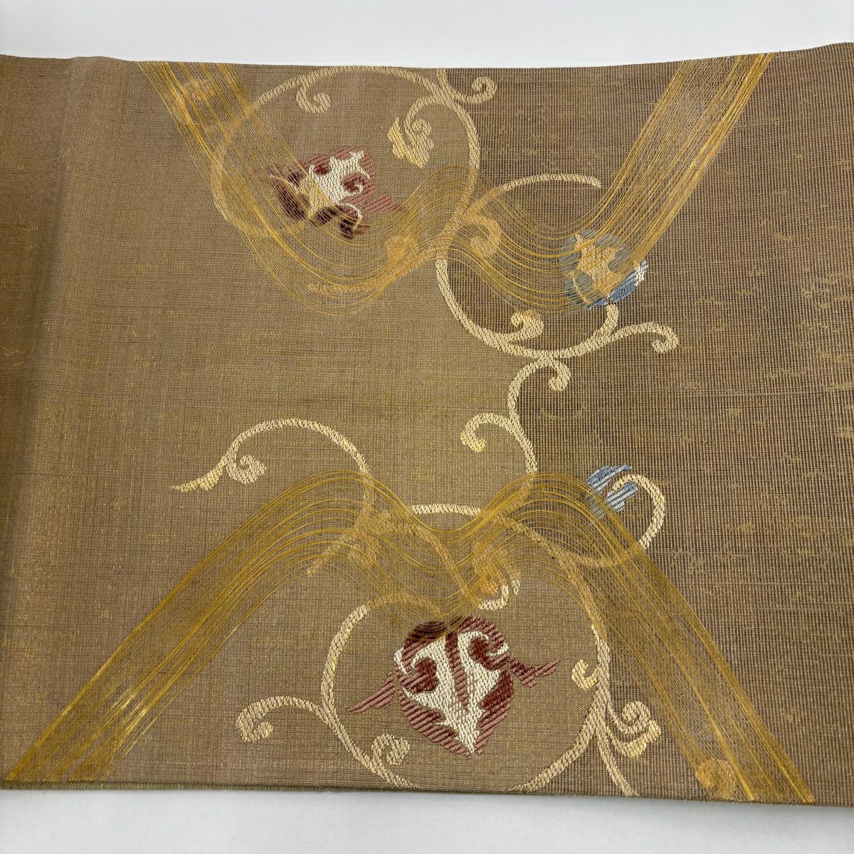 【美品】 袋帶 名品級 花唐草紋 金絲 金金箔 淺茶 純蠶絲