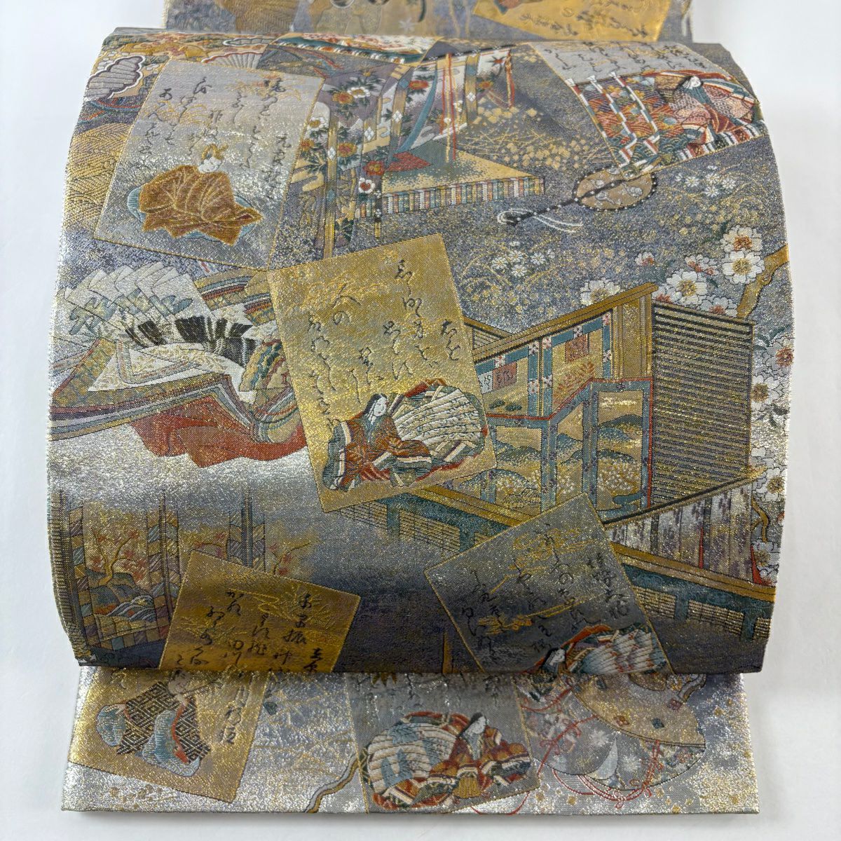 【美品】 袋帶 名品級 雙面 小倉百人一首 金金箔 灰色 大鼓圖案 純蠶絲