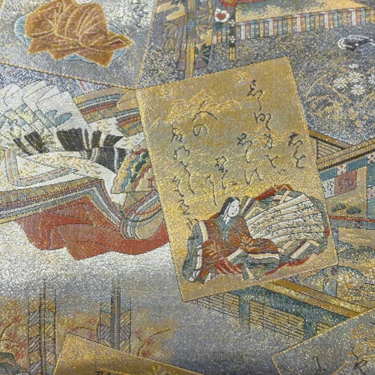 【美品】 袋帶 名品級 雙面 小倉百人一首 金金箔 灰色 大鼓圖案 純蠶絲