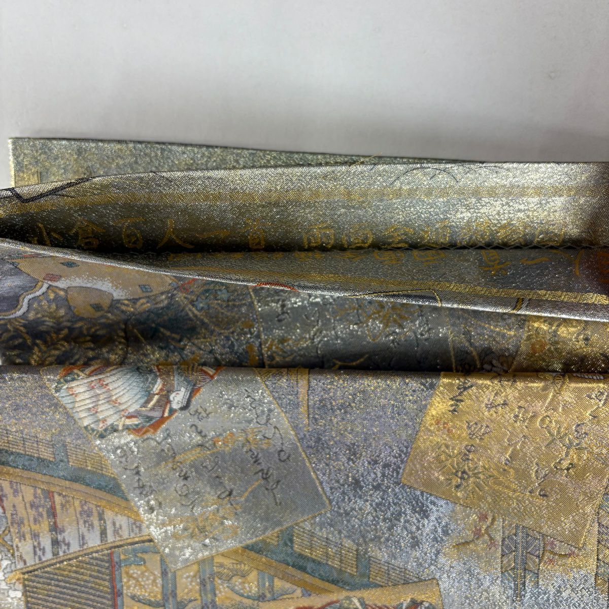 【美品】 袋帶 名品級 雙面 小倉百人一首 金金箔 灰色 大鼓圖案 純蠶絲