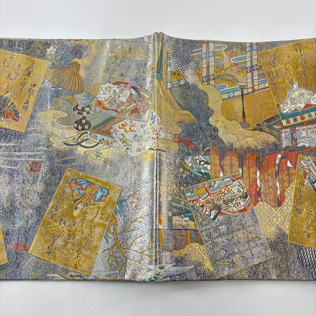【美品】 袋帶 名品級 雙面 小倉百人一首 金金箔 灰色 大鼓圖案 純蠶絲