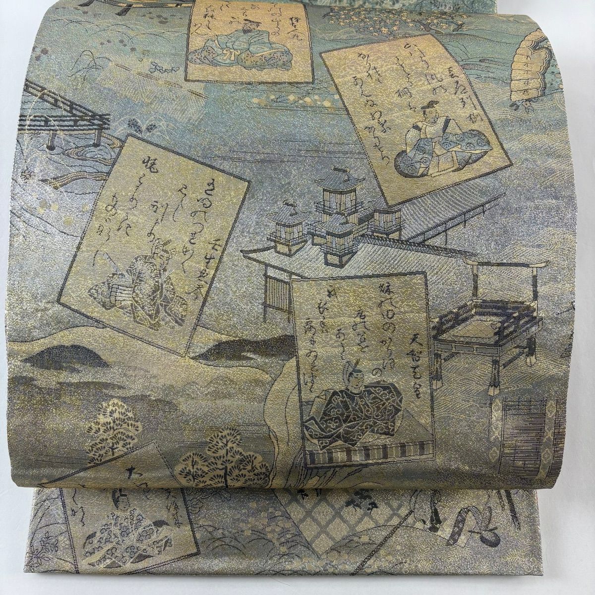 【美品】 袋帶 名品級 雙面 小倉百人一首 金金箔 灰色 大鼓圖案 純蠶絲