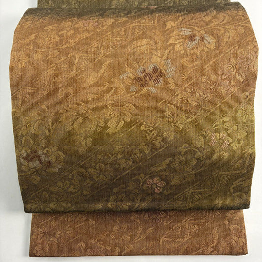 【美品】 袋帶 名品級 斜紋 草花紋紋 金金箔 茶 六通 純蠶絲