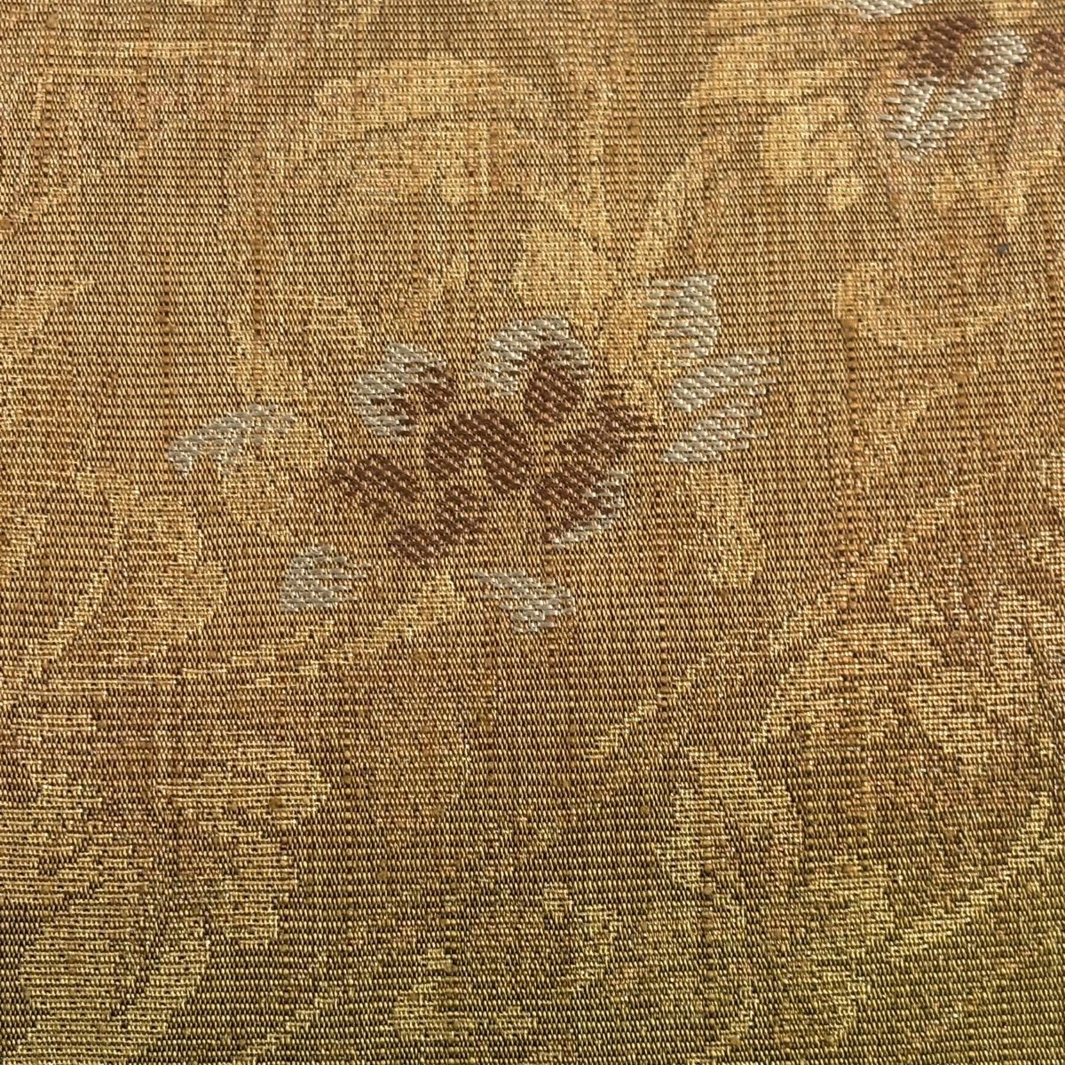 【美品】 袋帶 名品級 斜紋 草花紋紋 金金箔 茶 六通 純蠶絲