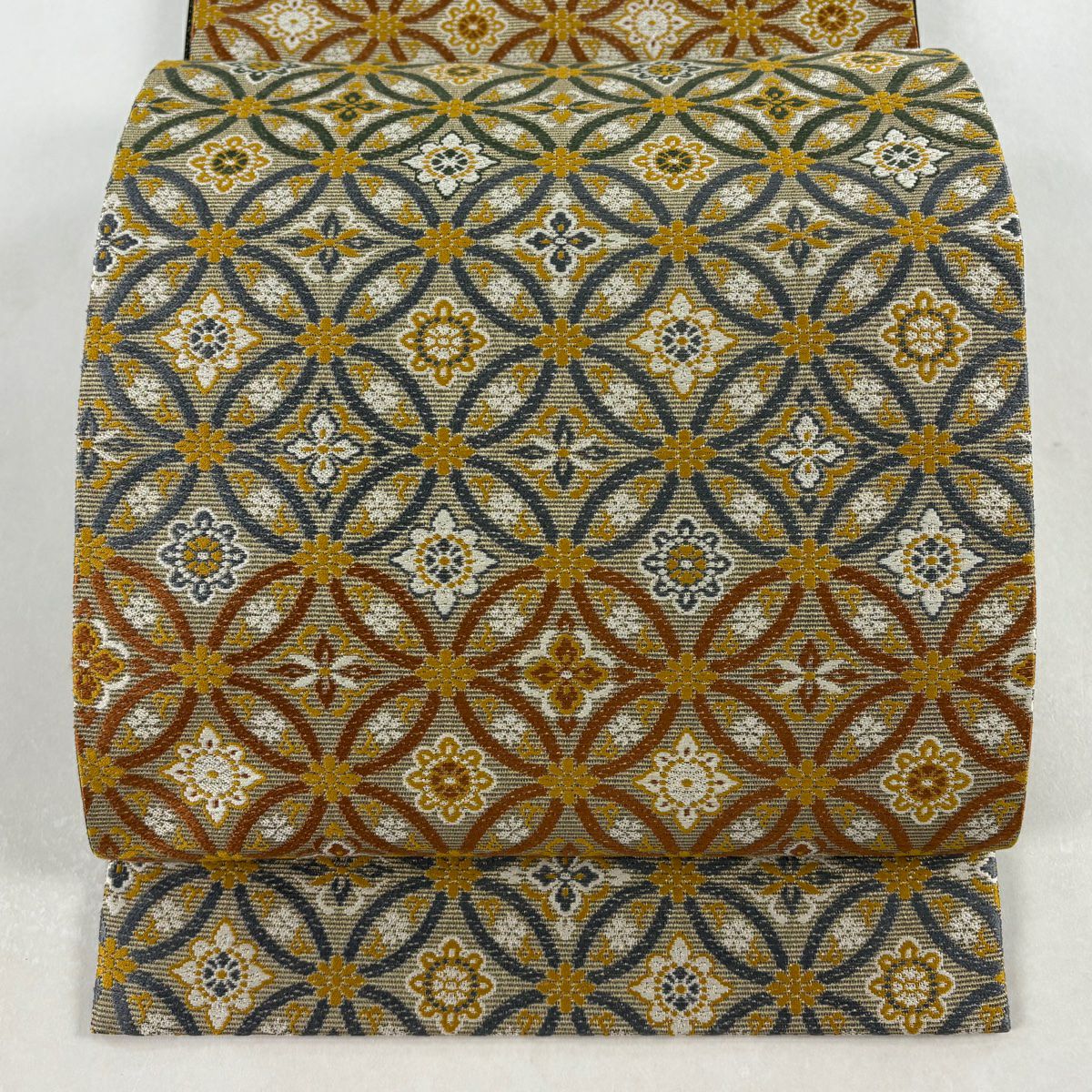 【美品】 袋帶 名品級 七寶繋 花 金絲 金 六通 純蠶絲