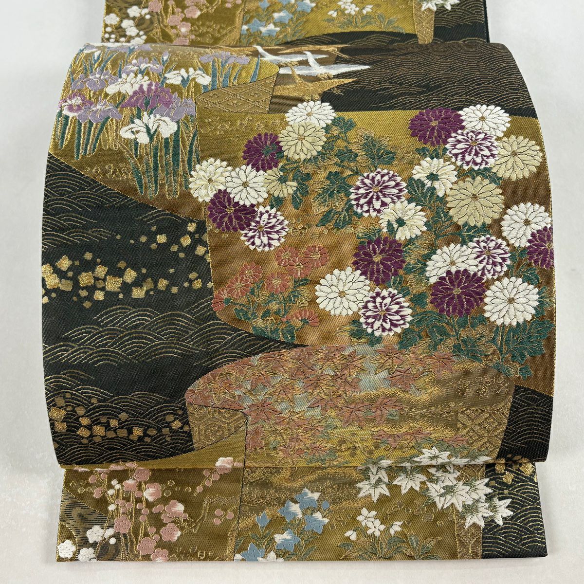 【美品】 袋帶 名品級 落款あり 古代帝王紫 菊花 仙鶴 金絲 金金箔 金色 大鼓圖案 純蠶絲
